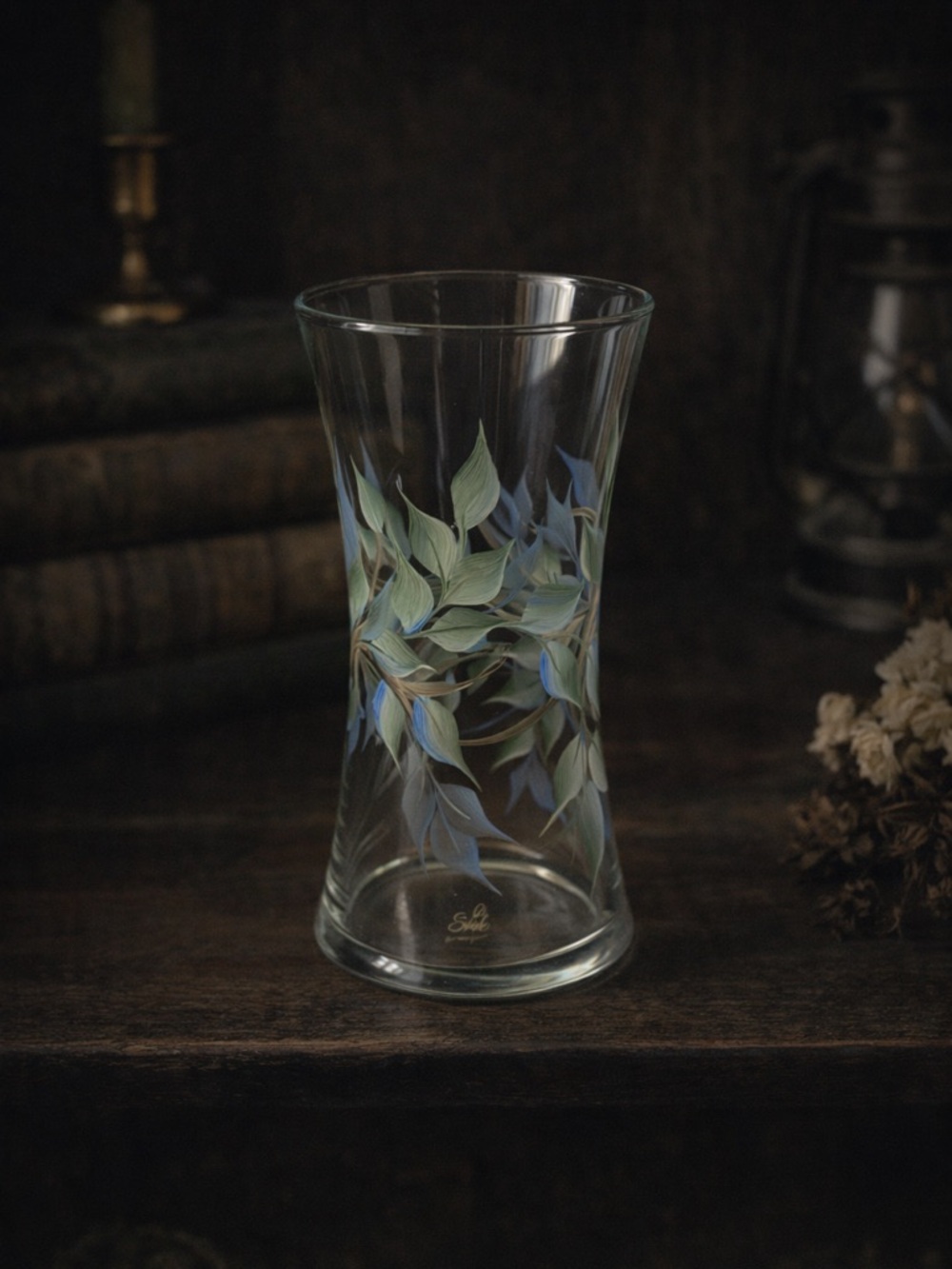 Hand Painted Art Glass Vase Signed Leaf Design Blue Green 8”